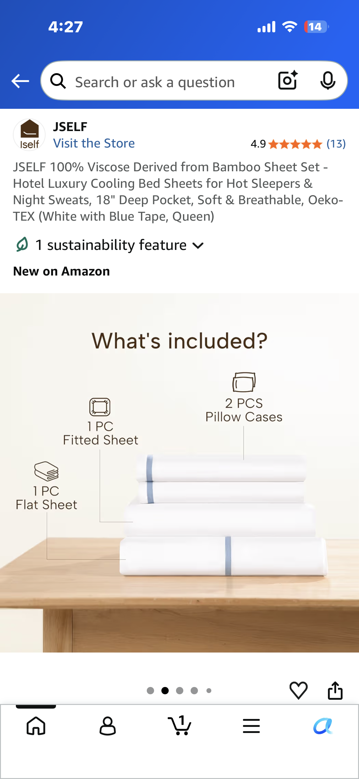 JSELF 100% Viscose Derived from Bamboo Sheet Set - Hotel Luxury Cooling Bed Sheets for Hot Sleepers & Night Sweats, 18" Deep Pocket, Soft & Breathable, Oeko-TEX (White with Blue Tape, Queen)