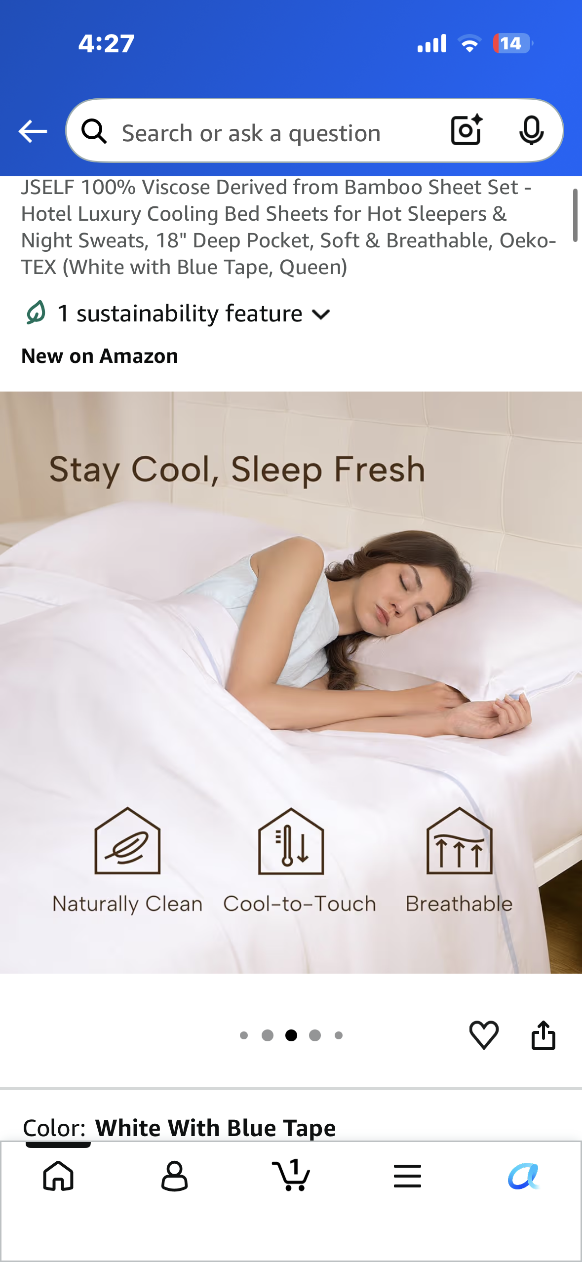 JSELF 100% Viscose Derived from Bamboo Sheet Set - Hotel Luxury Cooling Bed Sheets for Hot Sleepers & Night Sweats, 18" Deep Pocket, Soft & Breathable, Oeko-TEX (White with Blue Tape, Queen)