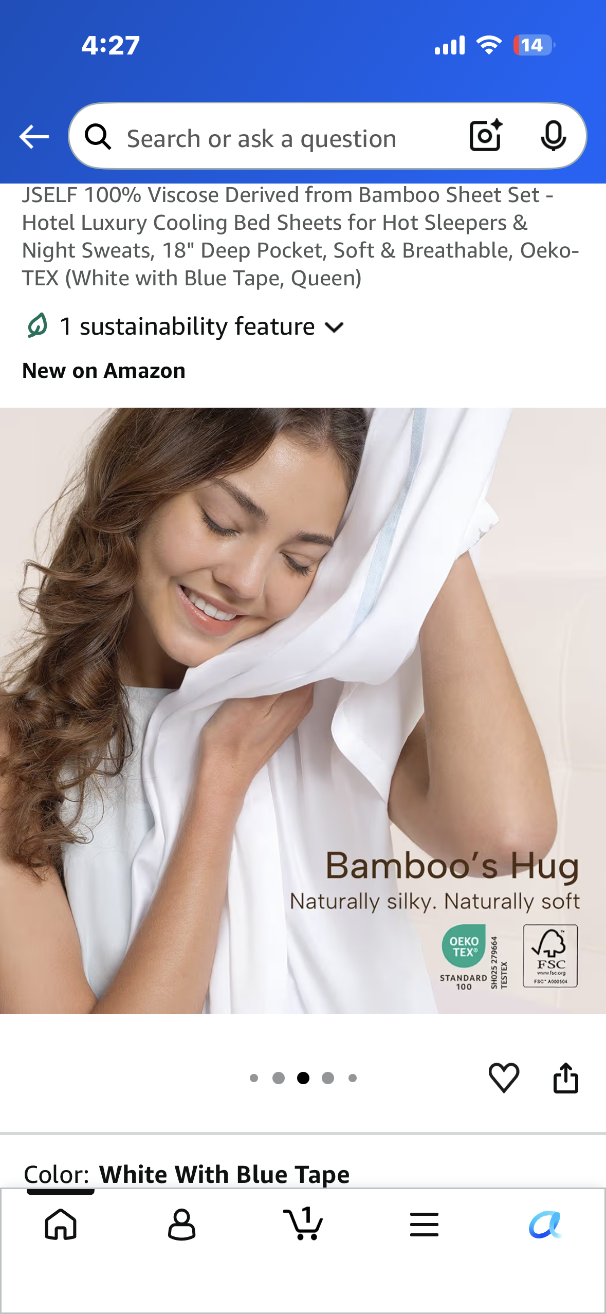 JSELF 100% Viscose Derived from Bamboo Sheet Set - Hotel Luxury Cooling Bed Sheets for Hot Sleepers & Night Sweats, 18" Deep Pocket, Soft & Breathable, Oeko-TEX (White with Blue Tape, Queen)