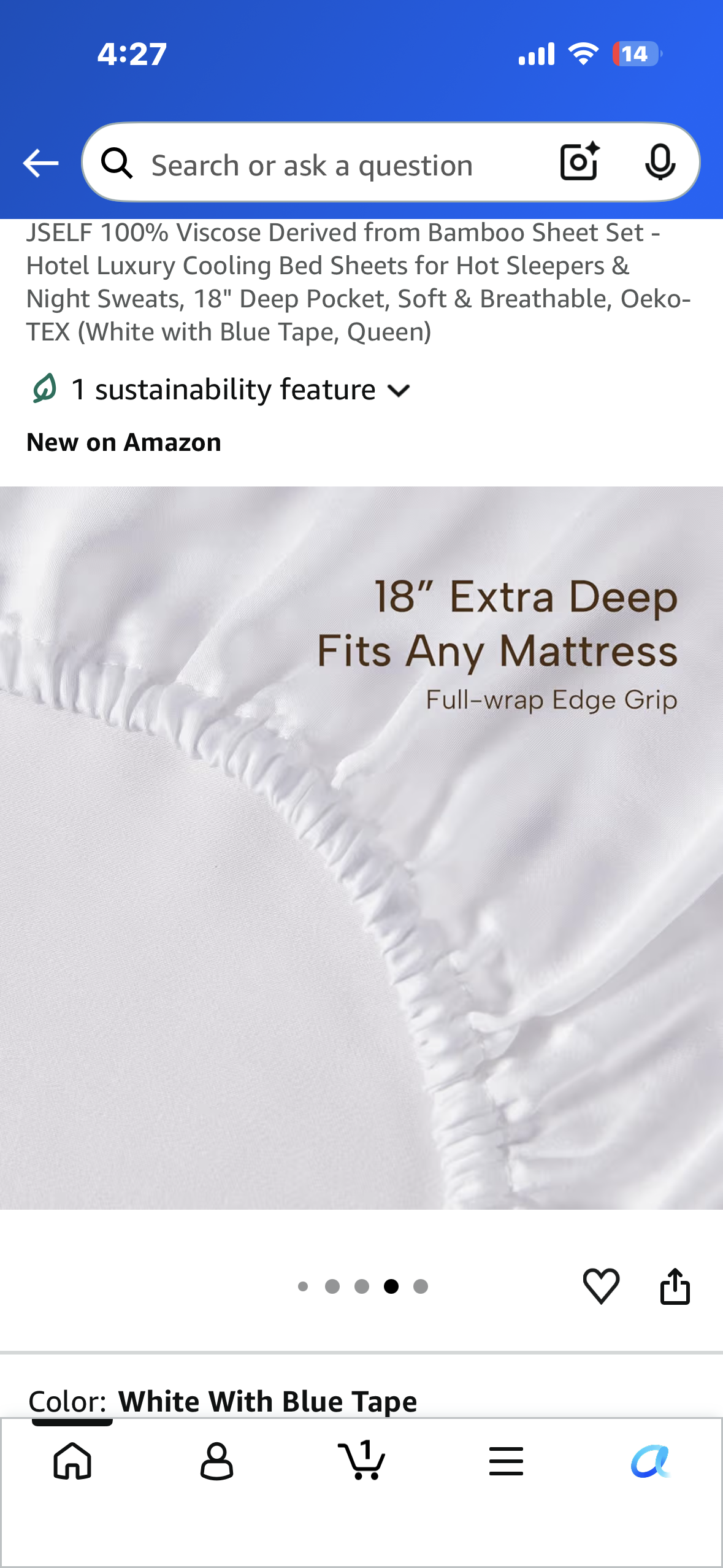 JSELF 100% Viscose Derived from Bamboo Sheet Set - Hotel Luxury Cooling Bed Sheets for Hot Sleepers & Night Sweats, 18" Deep Pocket, Soft & Breathable, Oeko-TEX (White with Blue Tape, Queen)