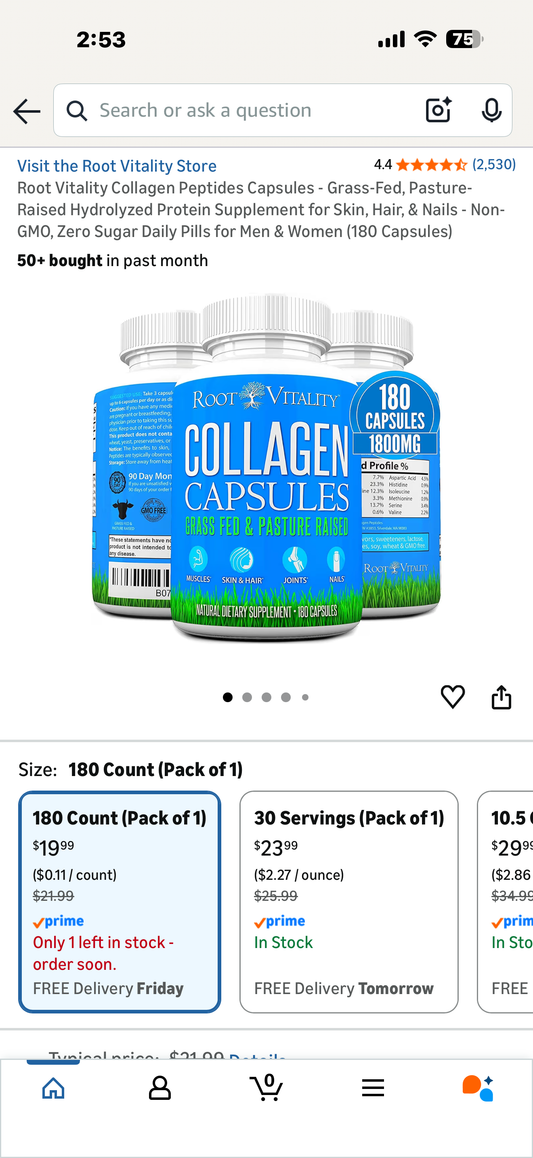 Root Vitality Collagen Peptides Capsules - Grass-Fed, Pasture-Raised Hydrolyzed Protein Supplement for Skin, Hair, & Nails - Non-GMO, Zero Sugar Daily Pills for Men & Women (180 Capsules) Exp 8/2027
