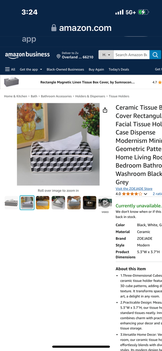 ZOEJADE Ceramic Tissue Box Cover Rectangular Glaze Facial Tissue Holder Case Dispense Modernism Minimalism Geometric Patternfor Home Living Room Bedroom Bathroom Washroom Black White Grey
