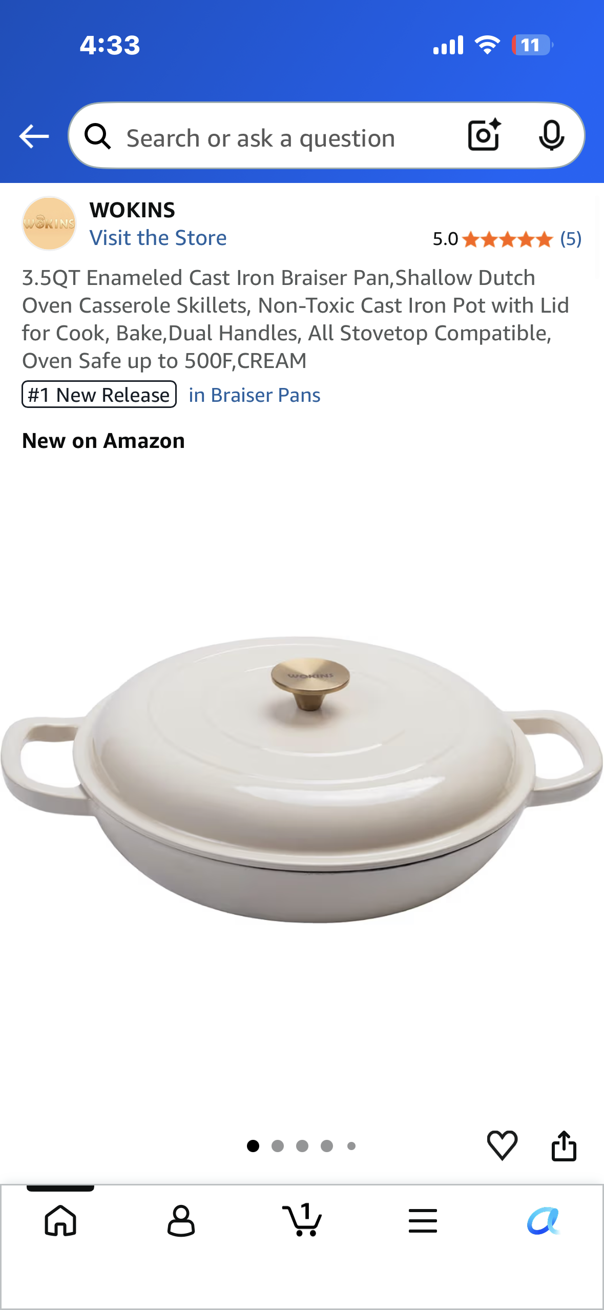 3.5QT Enameled Cast Iron Braiser Pan,Shallow Dutch Oven Casserole Skillets, Non-Toxic Cast Iron Pot with Lid for Cook, Bake,Dual Handles, All Stovetop Compatible, Oven Safe up to 500F,CREAMf