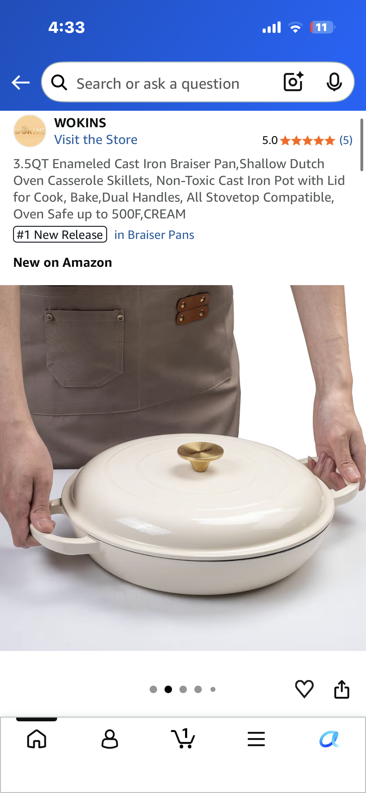 3.5QT Enameled Cast Iron Braiser Pan,Shallow Dutch Oven Casserole Skillets, Non-Toxic Cast Iron Pot with Lid for Cook, Bake,Dual Handles, All Stovetop Compatible, Oven Safe up to 500F,CREAMf