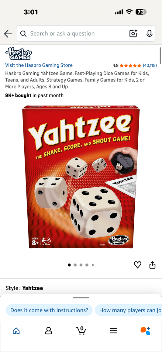 Hasbro Gaming Yahtzee Game, Fast-Playing Dice Games for Kids, Teens, and Adults, Strategy Games, Family Games for Kids, 2 or More Players, Ages 8 and Up