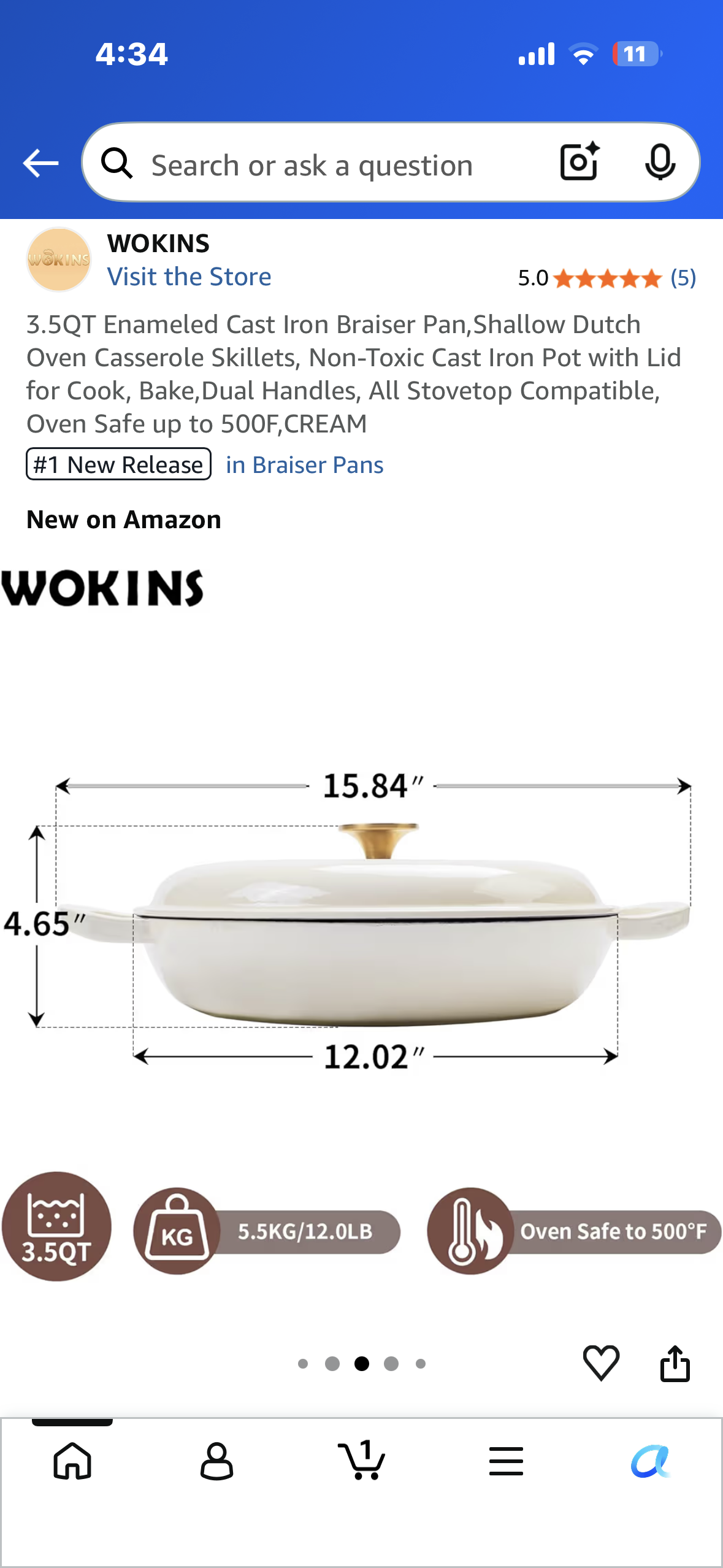 3.5QT Enameled Cast Iron Braiser Pan,Shallow Dutch Oven Casserole Skillets, Non-Toxic Cast Iron Pot with Lid for Cook, Bake,Dual Handles, All Stovetop Compatible, Oven Safe up to 500F,CREAMf