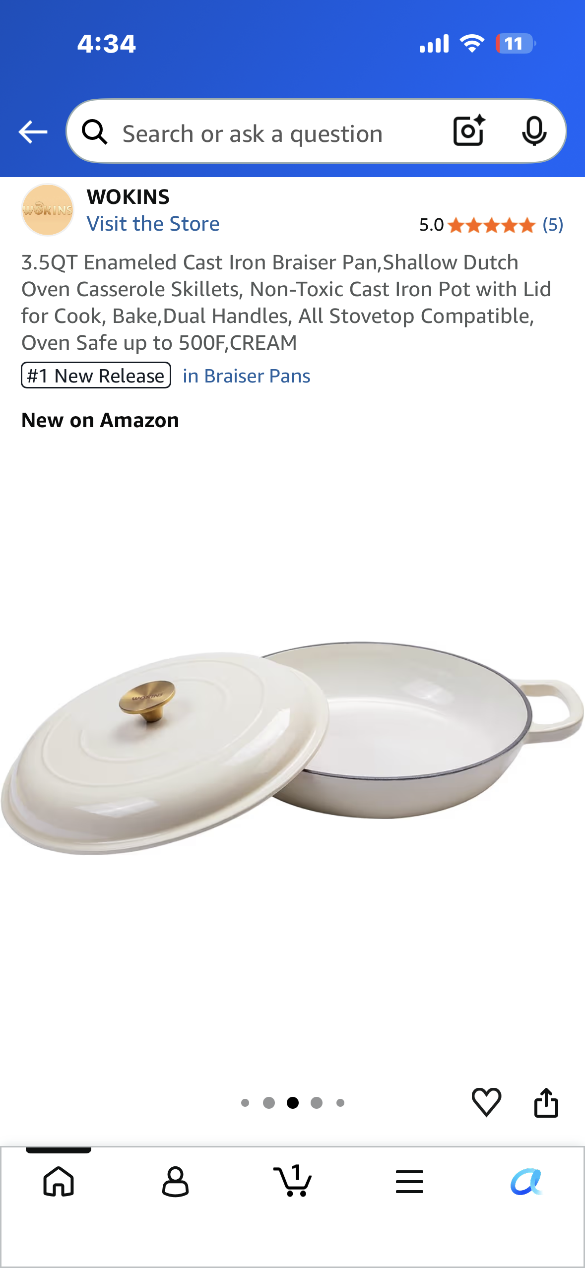 3.5QT Enameled Cast Iron Braiser Pan,Shallow Dutch Oven Casserole Skillets, Non-Toxic Cast Iron Pot with Lid for Cook, Bake,Dual Handles, All Stovetop Compatible, Oven Safe up to 500F,CREAMf
