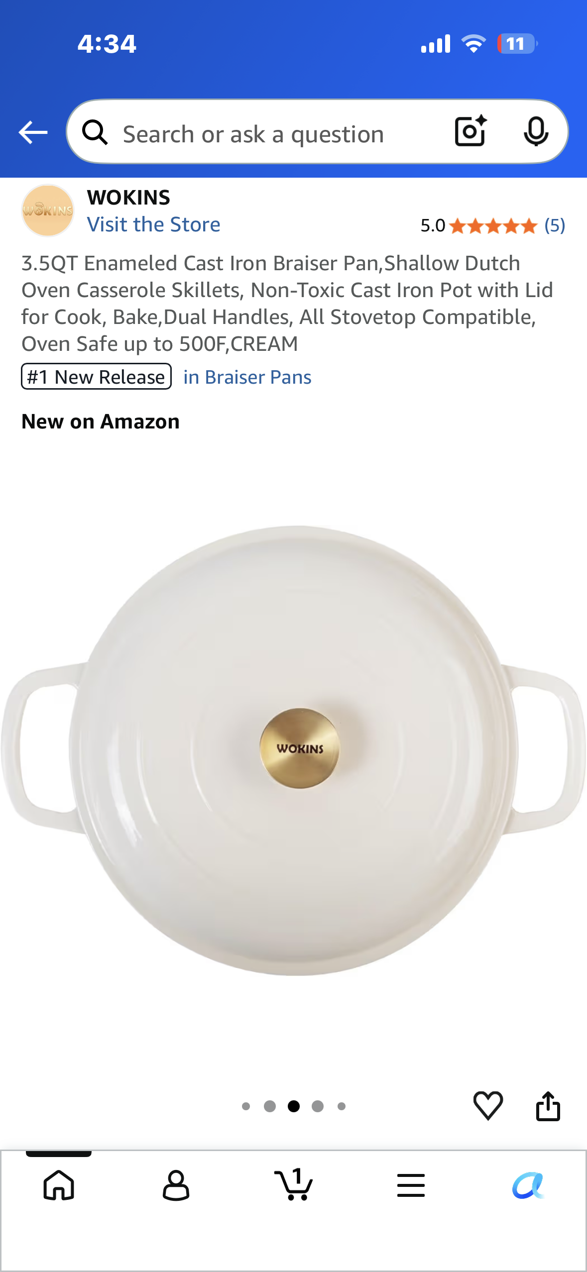 3.5QT Enameled Cast Iron Braiser Pan,Shallow Dutch Oven Casserole Skillets, Non-Toxic Cast Iron Pot with Lid for Cook, Bake,Dual Handles, All Stovetop Compatible, Oven Safe up to 500F,CREAMf