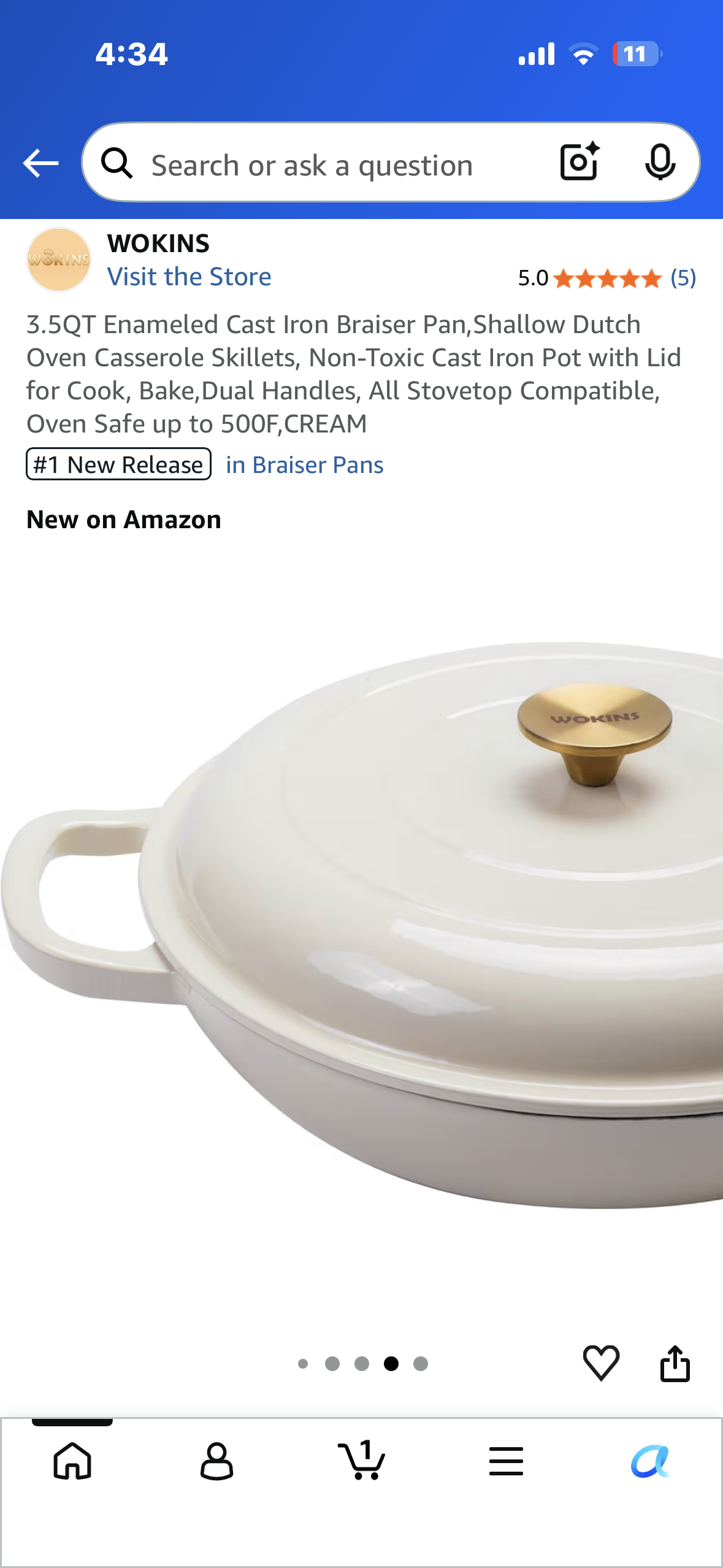 3.5QT Enameled Cast Iron Braiser Pan,Shallow Dutch Oven Casserole Skillets, Non-Toxic Cast Iron Pot with Lid for Cook, Bake,Dual Handles, All Stovetop Compatible, Oven Safe up to 500F,CREAMf