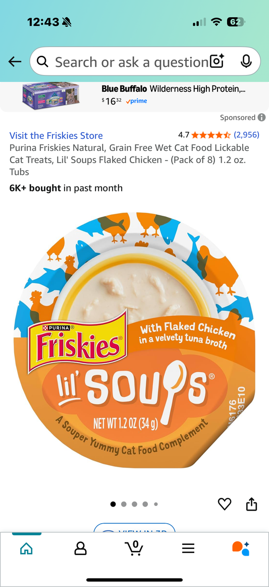 Purina Friskies Natural, Grain Free Wet Cat Food Lickable Cat Treats, Lil' Soups Flaked Chicken - (Pack of 7 ) 1.2 oz. Tubs