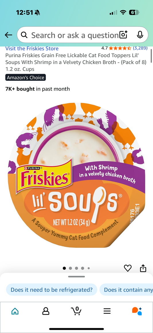 Purina Friskies Grain Free Lickable Cat Food Toppers Lil’ Soups With Shrimp in a Velvety Chicken Broth - (Pack of 8) 1.2 oz. Cups