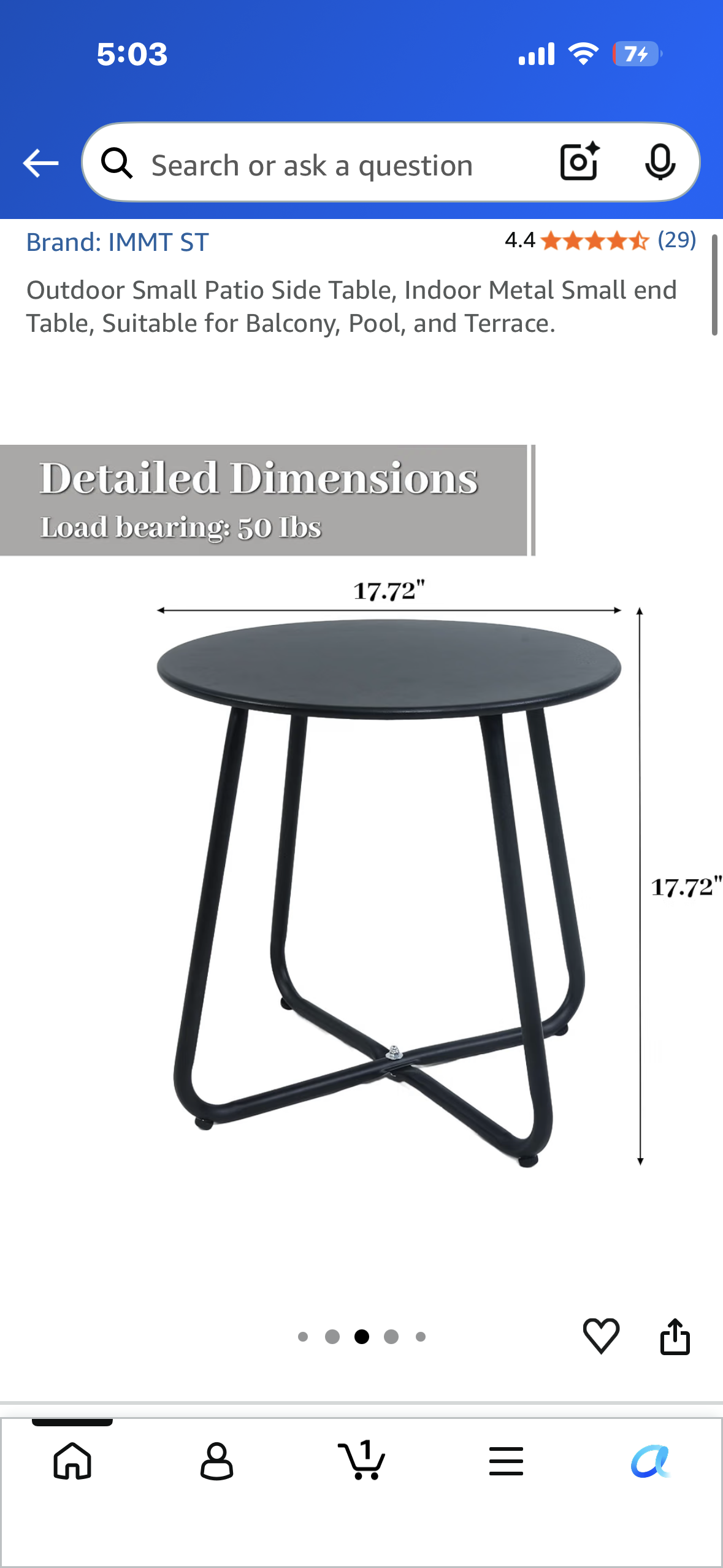 Small Metal Patio/Side Table, Suitable for Balcony, Pool, Terrace