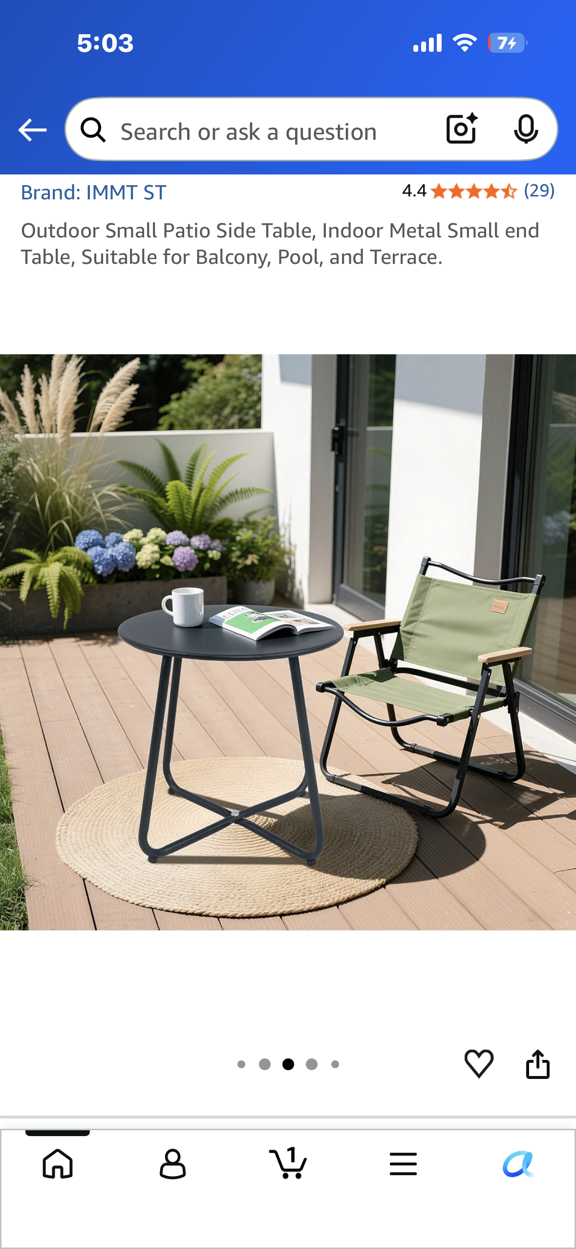 Small Metal Patio/Side Table, Suitable for Balcony, Pool, Terrace