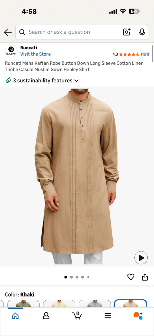 Mens Kaftan Robe Button Down Long Sleeve Cotton Linen Thobe Casual Muslim Gown Henley Shirt (Size 3XL)