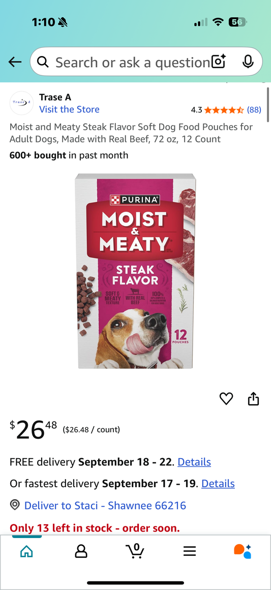 Moist and Meaty Steak Flavor Soft Dog Food Pouches for Adult Dogs, Made with Real Beef, 6 pouches not 12
