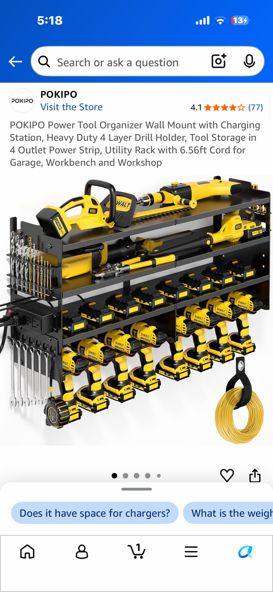 POKIPO Power Tool Organizer, Wall Mount with Charging Station, Heavy Duty 4 Layer Drill Holder, Tool Storage, 4 Outlet Power Strip, Utility Rack with 6.56ft Cord for Garage, Workbench and Workshop (33”x16”x8.5”)