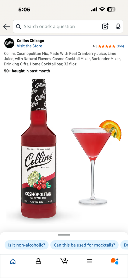 Collins Cosmopolitan Mix, Made With Real Cranberry Juice, Lime Juice, with Natural Flavors, Cosmo Cocktail Mixer, Bartender Mixer, Drinking Gifts, Home Cocktail bar, 32 fl oz