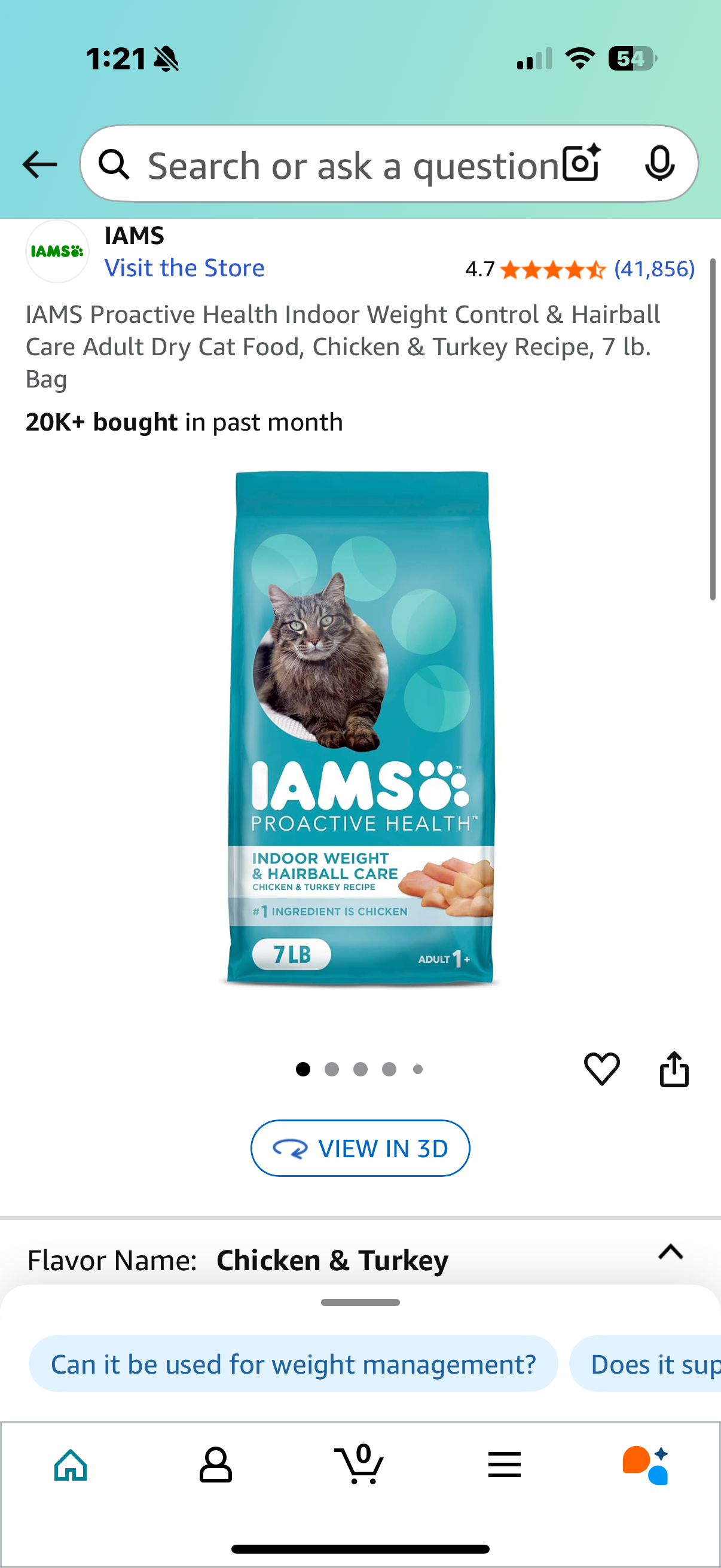 IAMS Proactive Health Indoor Weight Control & Hairball Care Adult Dry Cat Food, Chicken & Turkey Recipe, 7 lb