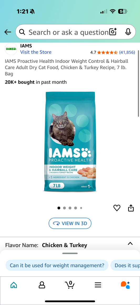 IAMS Proactive Health Indoor Weight Control & Hairball Care Adult Dry Cat Food, Chicken & Turkey Recipe, 7 lb