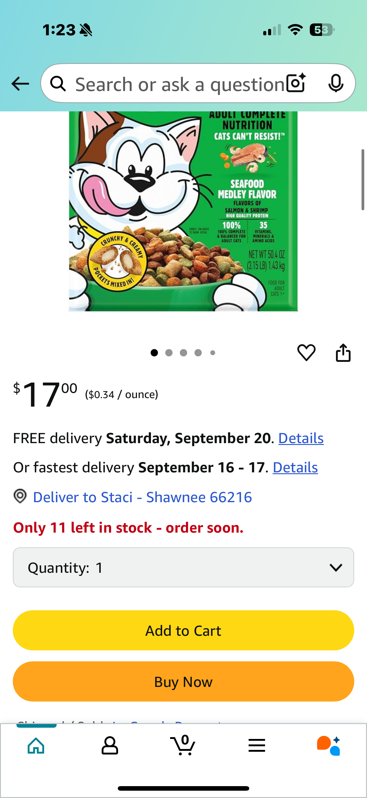 Seafood Medley Flavor Adult Dry Cat Food - Omega 6 Fatty Acids Help Maintain Shiny Fur - Crunchy & Creamy Pockets Mixed in - 3.15 lb
