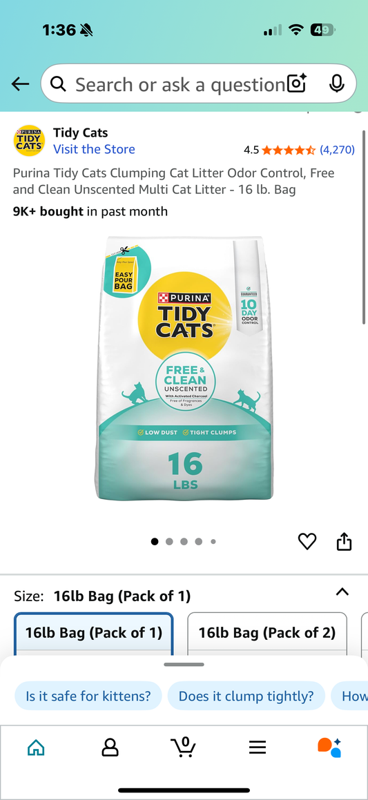 Purina Tidy Cats Clumping Cat Litter Odor Control, Free and Clean Unscented Multi Cat Litter - 16 lb. Bag