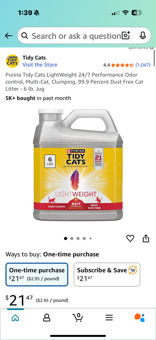 Purina Tidy Cats LightWeight 24/7 Performance Odor control, Multi-Cat, Clumping, 99.9 Percent Dust Free Cat Litter - 6 lb. Jug
