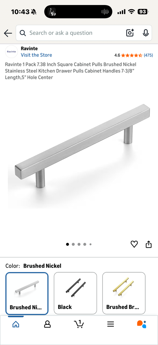 Ravinte 1 Pack 7.38 Inch Square Cabinet Pulls Brushed Nickel Stainless Steel Kitchen Drawer Pulls Cabinet Handles 7-3/8”Length,5” Hole Center