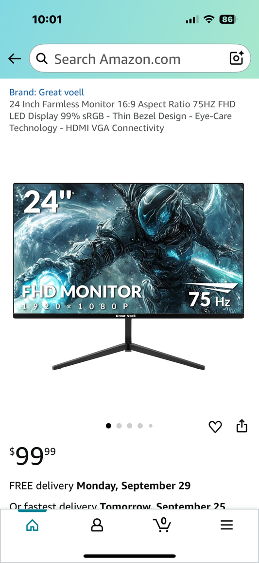 24” Monitor, 16:9 Aspect Ratio, 75HZ FHD LED Display 99% sRGB - Thin Bezel Design - Eye-Care Technology - HDMI VGA Connectivity (R669)