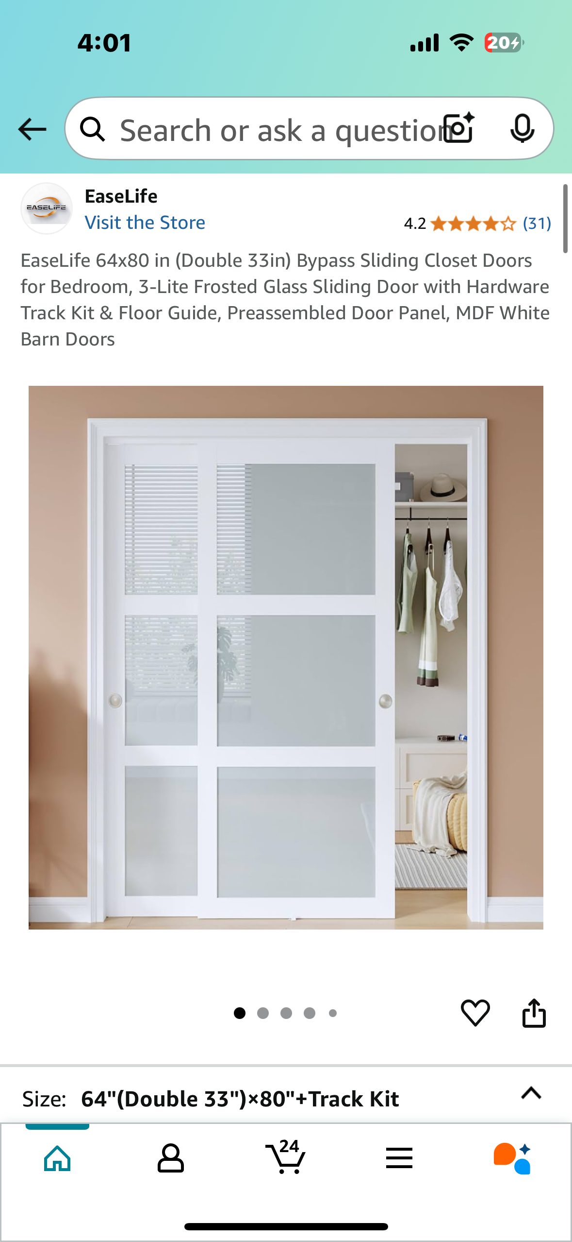 New - EaseLife 64x80 in (Double 32”) Bypass Sliding Doors, 3-Lite Frosted Glass Panels, with Hardware Track Kit & Floor Guide, Preassembled. Door Panel, MDF White Barn Doors (R566)