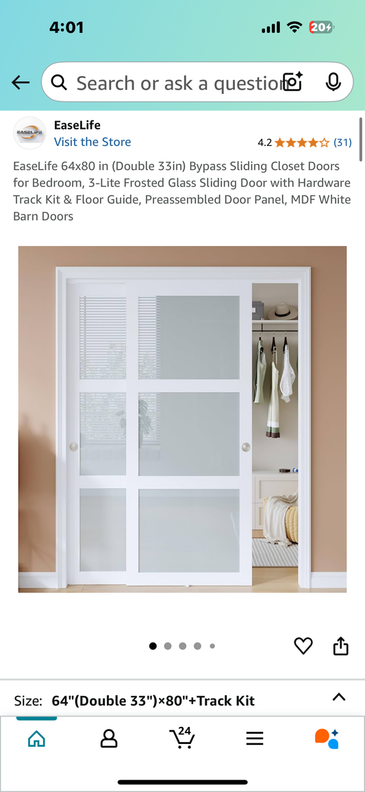 New - EaseLife 64x80 in (Double 32”) Bypass Sliding Doors, 3-Lite Frosted Glass Panels, with Hardware Track Kit & Floor Guide, Preassembled. Door Panel, MDF White Barn Doors (R566)