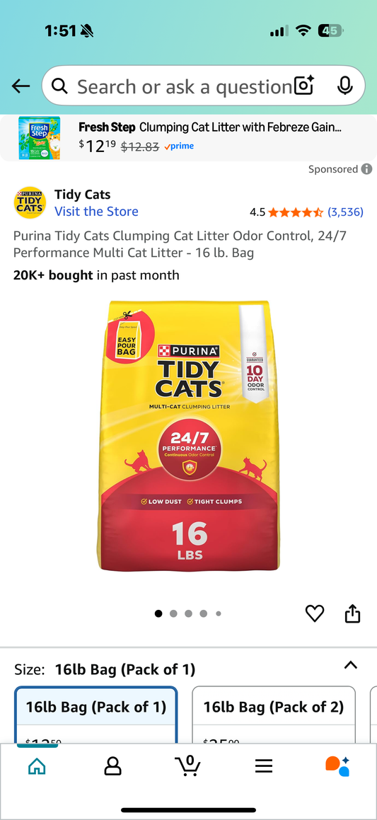 Purina Tidy Cats Clumping Cat Litter Odor Control, 24/7 Performance Multi Cat Litter - 22 not 16 lb. Bag