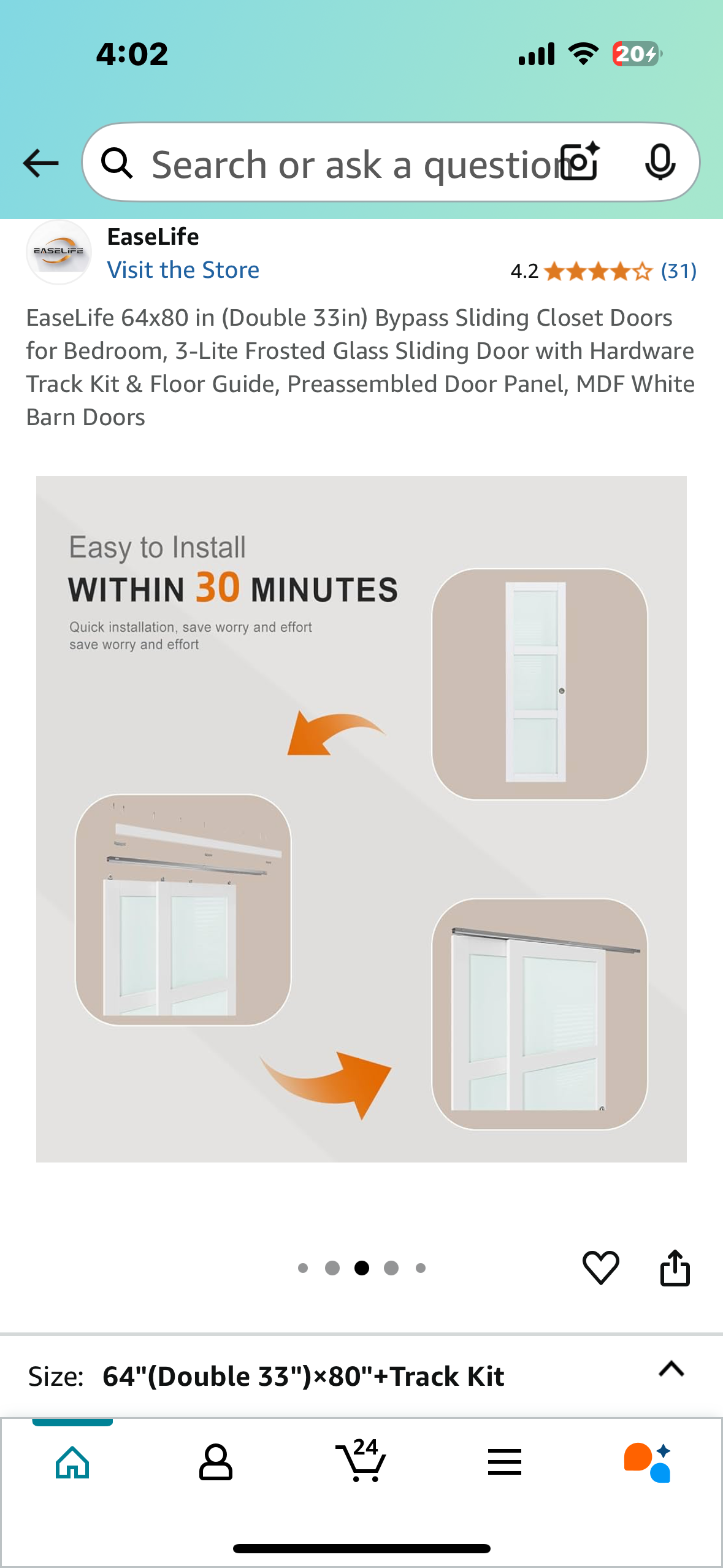 New - EaseLife 64x80 in (Double 32”) Bypass Sliding Doors, 3-Lite Frosted Glass Panels, with Hardware Track Kit & Floor Guide, Preassembled. Door Panel, MDF White Barn Doors (R566)