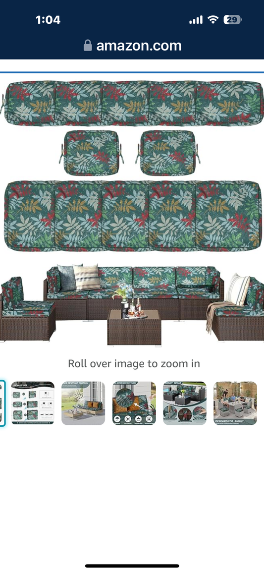 Patio Cushion Covers Replacement, Outdoor Cushion Covers for Patio Furniture Waterproof with Zipper, Washable Wicker Rattan Sectional Sofa Couch Chair Cover Set with Ties (Green Flowers, 12 PCS)