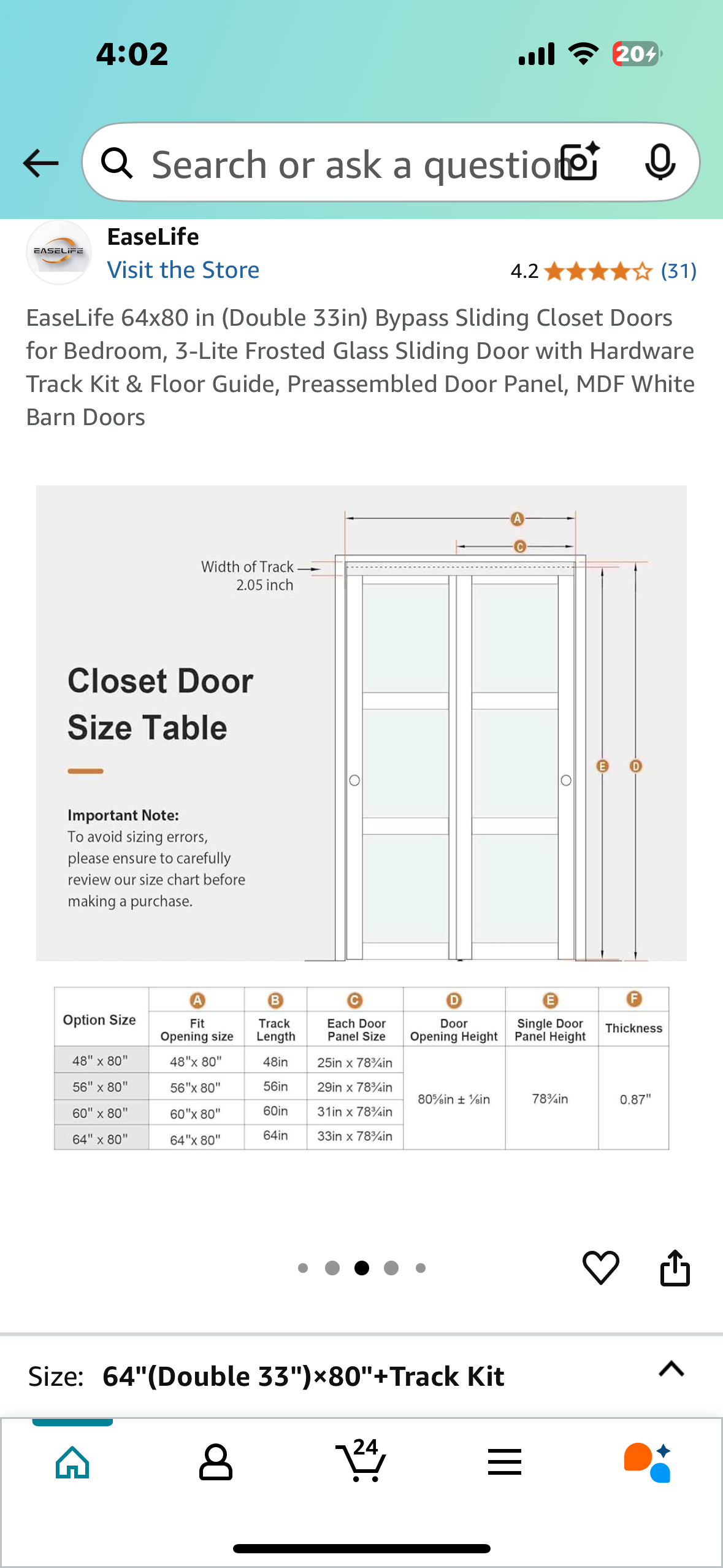 New - EaseLife 64x80 in (Double 32”) Bypass Sliding Doors, 3-Lite Frosted Glass Panels, with Hardware Track Kit & Floor Guide, Preassembled. Door Panel, MDF White Barn Doors (R566)