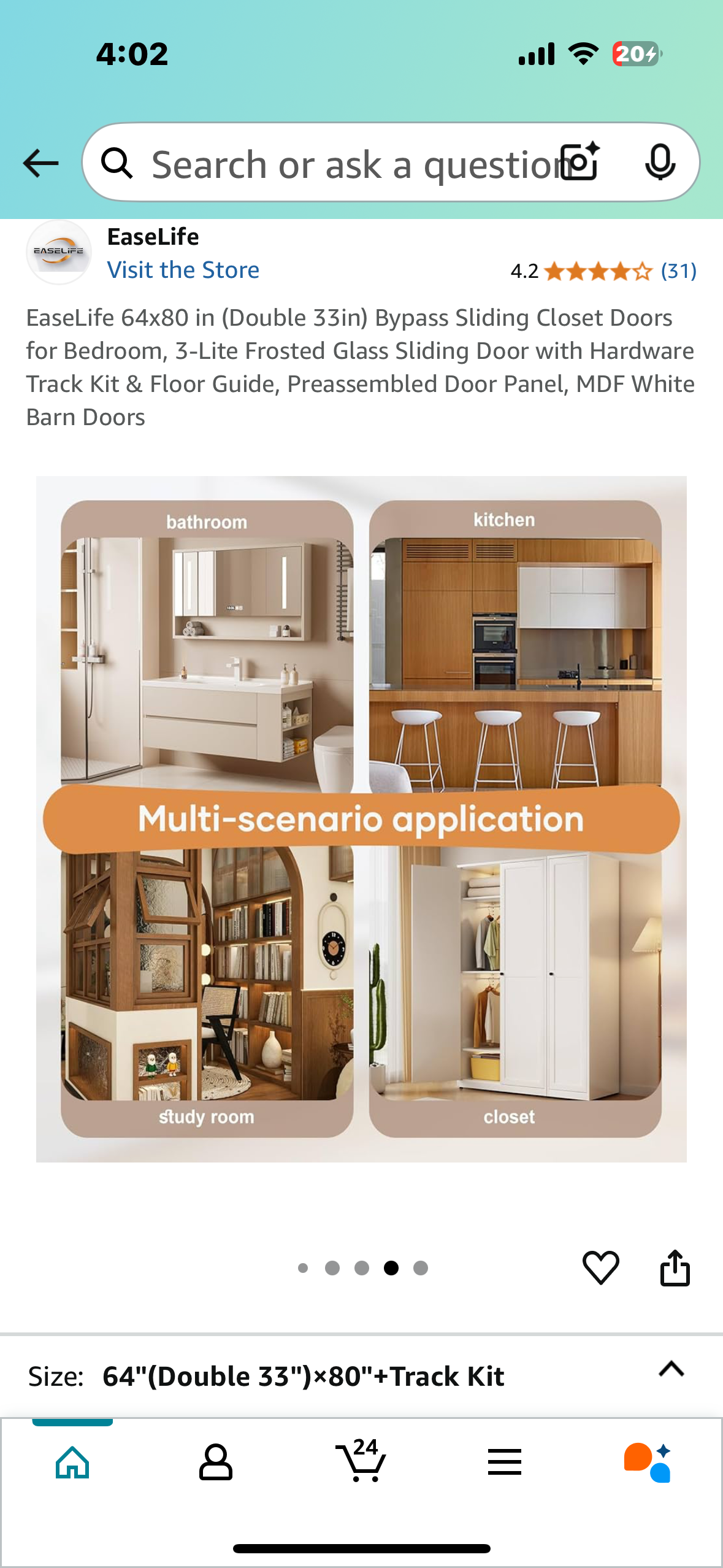 New - EaseLife 64x80 in (Double 32”) Bypass Sliding Doors, 3-Lite Frosted Glass Panels, with Hardware Track Kit & Floor Guide, Preassembled. Door Panel, MDF White Barn Doors (R566)