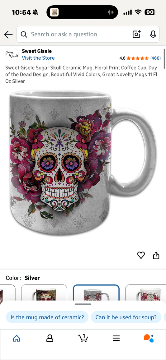 Sweet Gisele Sugar Skull Ceramic Mug, Floral Print Coffee Cup, Day of the Dead Design, Beautiful Vivid Colors, Great Novelty Mugs 11 Fl Oz Silver
