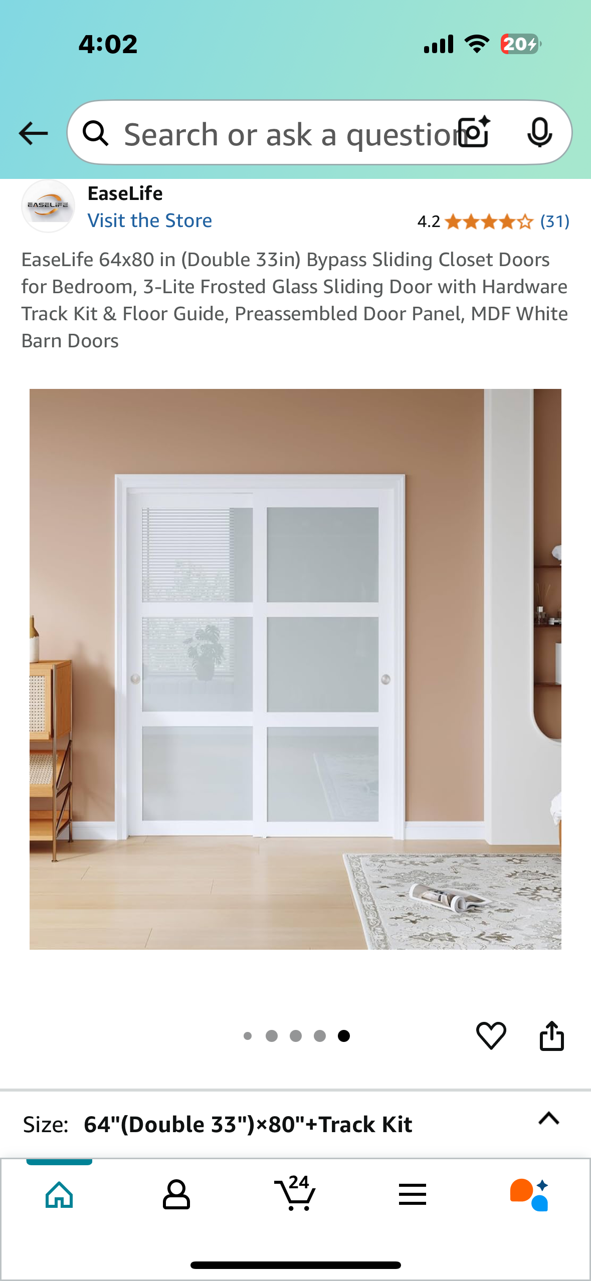 New - EaseLife 64x80 in (Double 32”) Bypass Sliding Doors, 3-Lite Frosted Glass Panels, with Hardware Track Kit & Floor Guide, Preassembled. Door Panel, MDF White Barn Doors (R566)