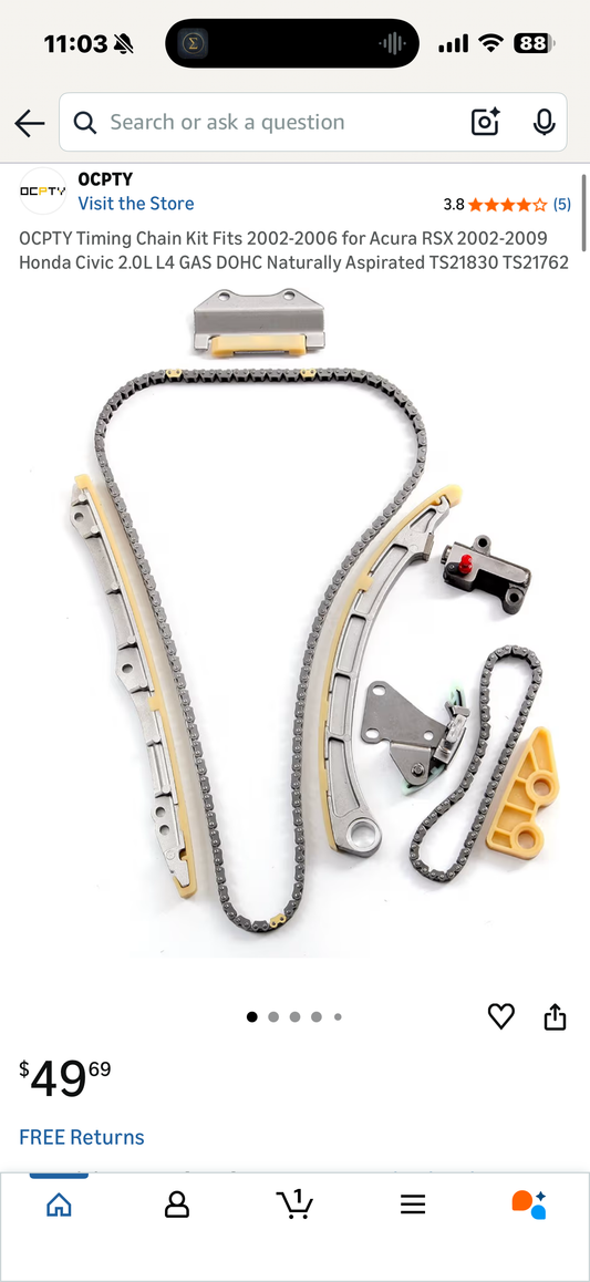 OCPTY Timing Chain Kit Fits 2002-2006 for Acura RSX 2002-2009 Honda Civic 2.0L L4 GAS DOHC Naturally Aspirated TS21830 TS21762