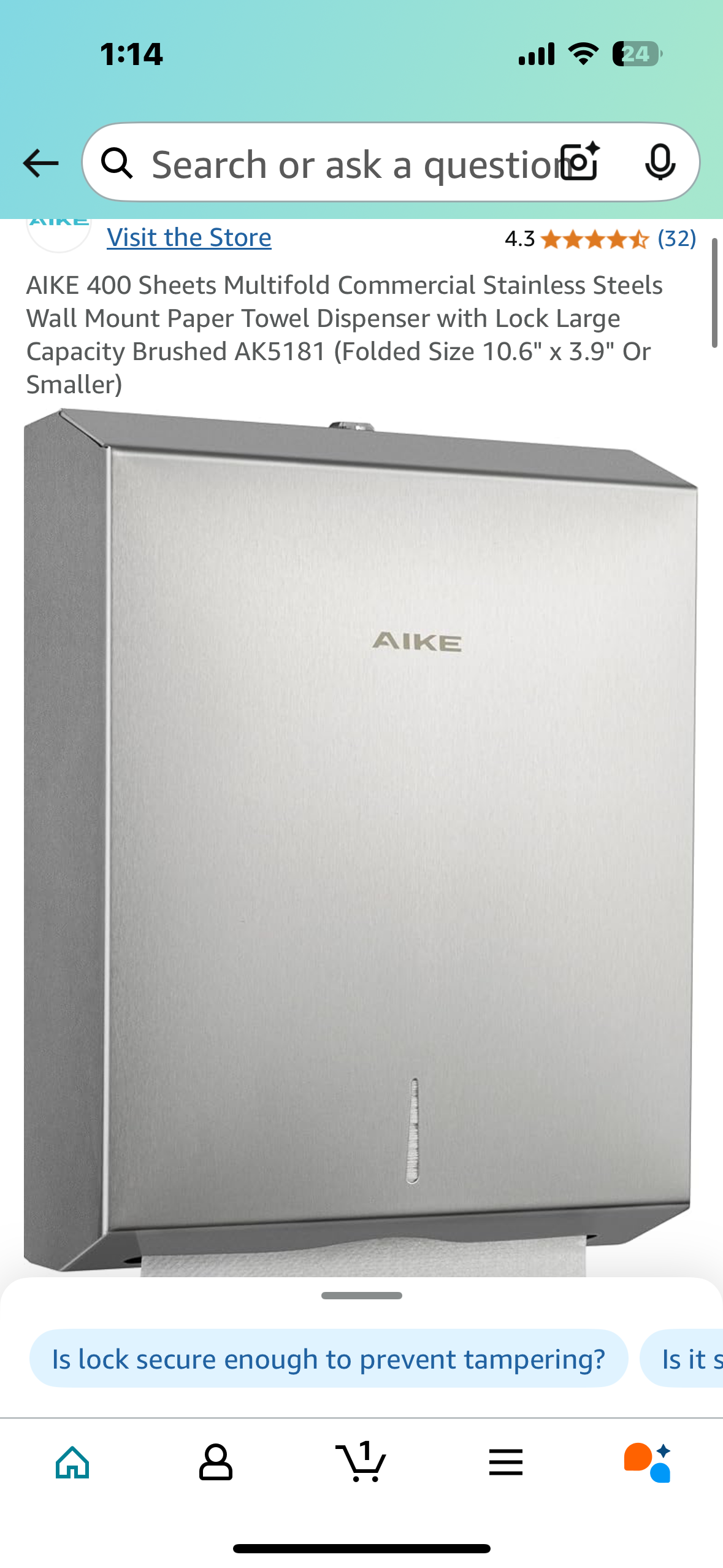 AIKE 400 Sheets Multifold Commercial Stainless Steels Wall Mount Paper Towel Dispenser with Lock Large Capacity Brushed AK5181 (Folded Size 10.6" x 3.9" Or Smaller