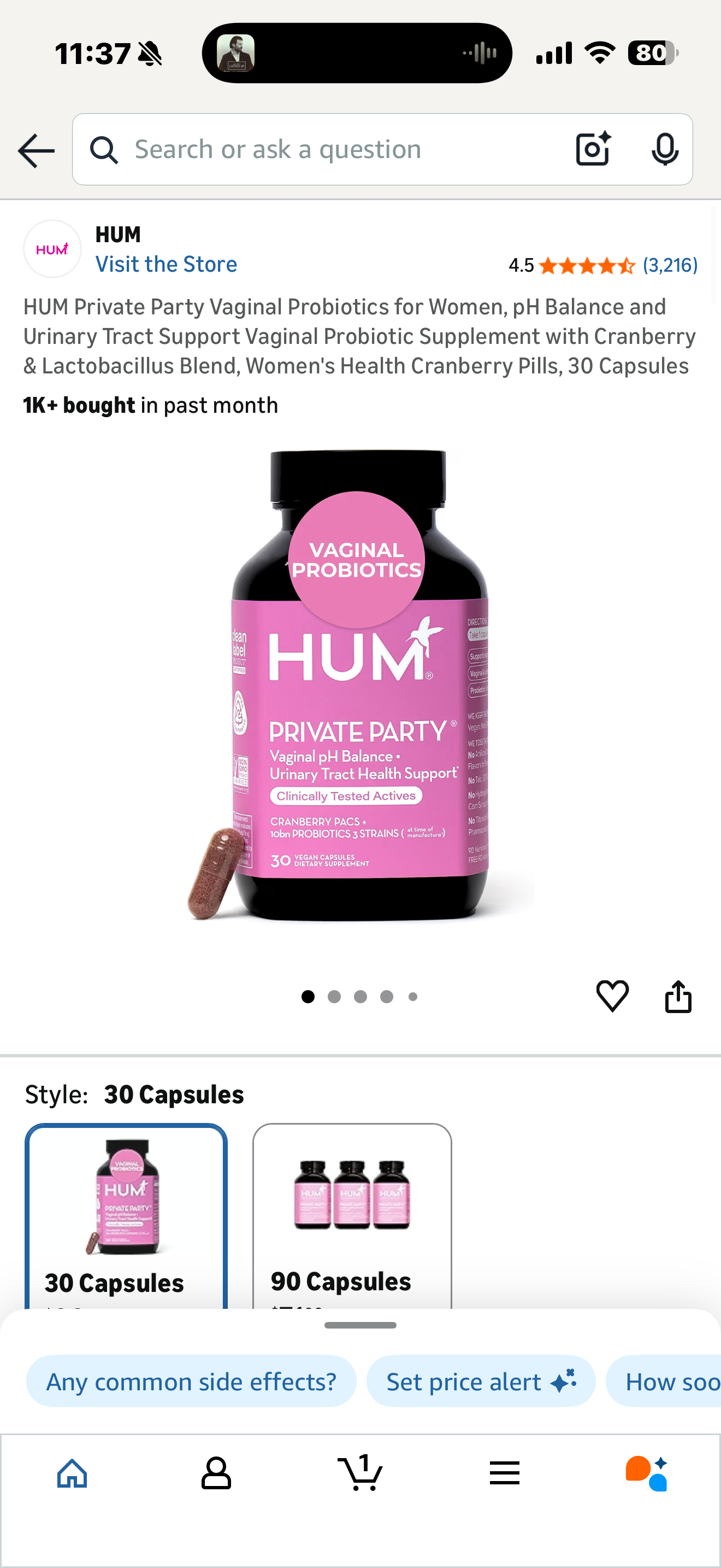 HUM Private Party Vaginal Probiotics for Women, pH Balance and Urinary Tract Support Vaginal Probiotic Supplement with Cranberry & Lactobacillus Blend, Women's Health Cranberry Pills, 30 Capsules (Best By 09/2027)