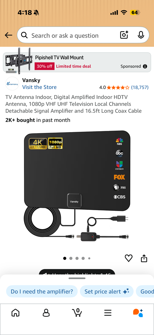 TV Antenna Indoor, Digital Amplified Indoor HDTV Antenna, 1080p VHF UHF Television Local Channels Detachable Signal Amplifier and 16.5ft Long Coax Cable