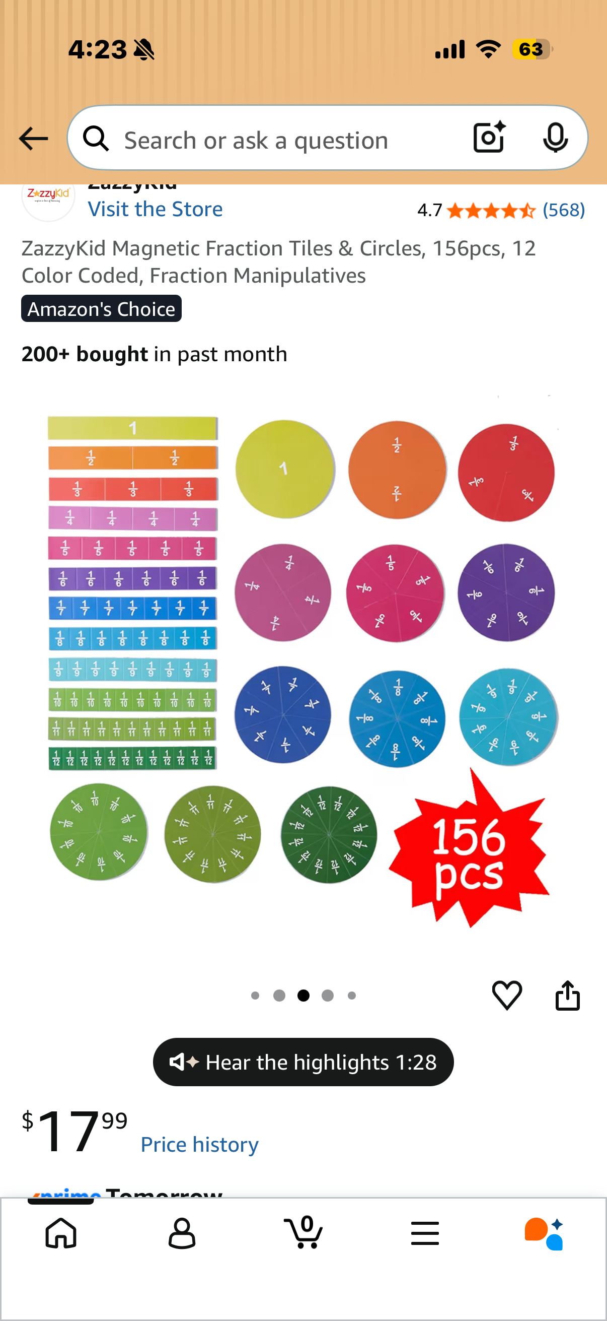 Magnetic Fraction Tiles & Circles, 156pcs, 12 Color Coded, Fraction Manipulatives