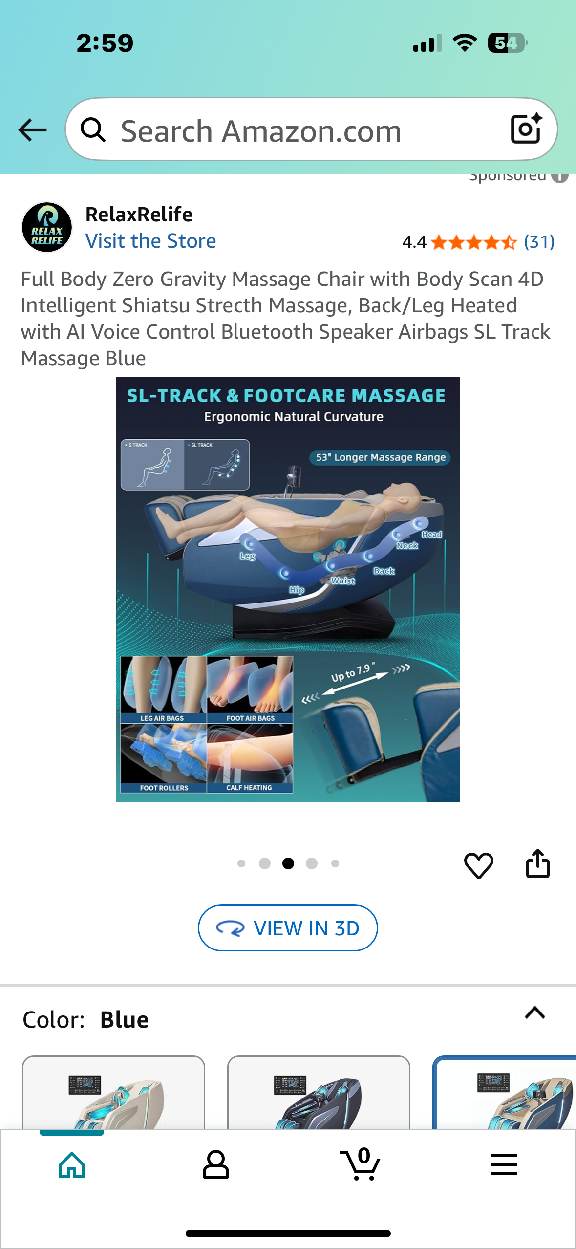 Full Body Zero Gravity Massage Chair with Body Scan, 4D Intelligent Shiatsu Strecth Massage, Back/Leg Heated with Al Voice Control, Bluetooth Speaker, Airbags, SL Track Massage, Blue (R670)