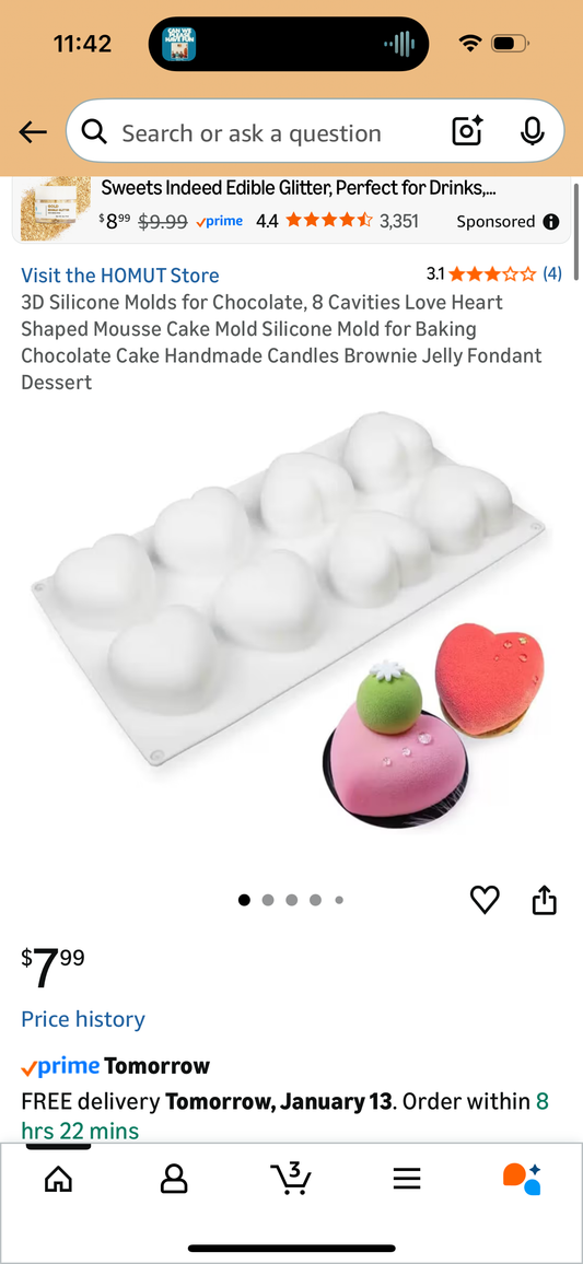 3D Silicone Molds for Chocolate, 8 Cavities Love Heart Shaped Mousse Cake Mold Silicone Mold for Baking Chocolate Cake Handmade Candles Brownie Jelly Fondant Dessert