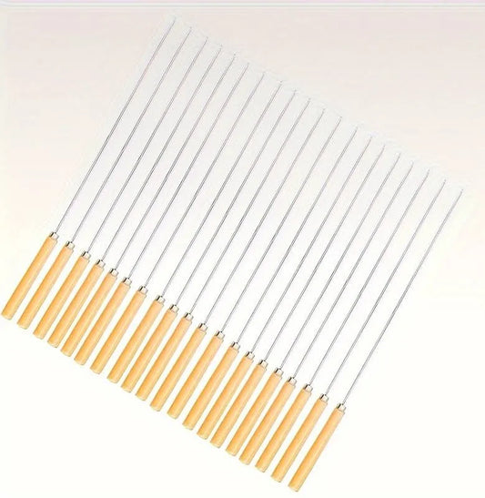 10PCS Stainless Steel, 13 inch BBQ SkewerS, with Wood Handle for BBQ Camping Cookware Campfire Grill Cooking