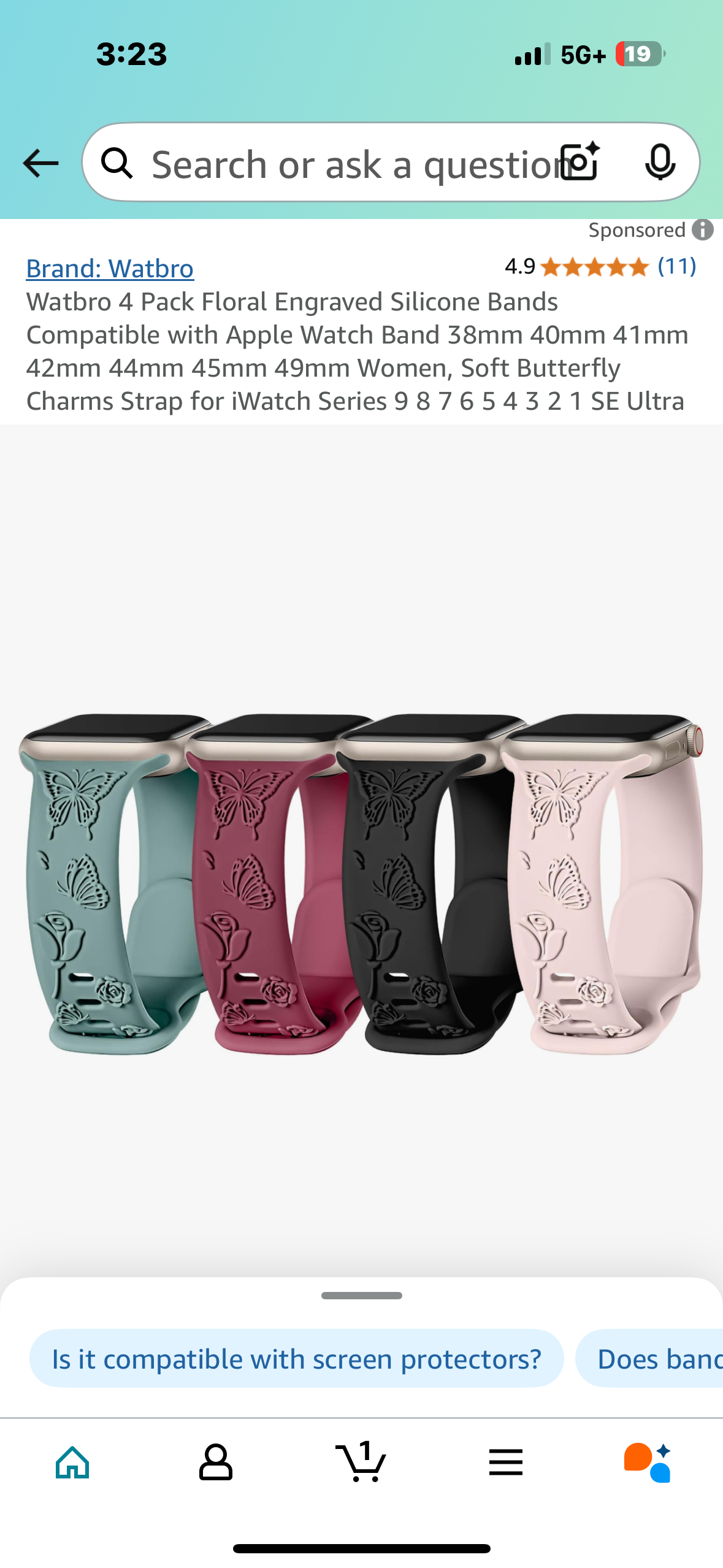 Watbro 4 Pack Floral Engraved Silicone Bands Compatible with Apple Watch Band 38mm 40mm 41mm 42mm 44mm 45mm 49mm Women, Soft Butterfly Charms Strap for iWatch Series 9 8 7 6 5 4 3 2 1 SE Ultra