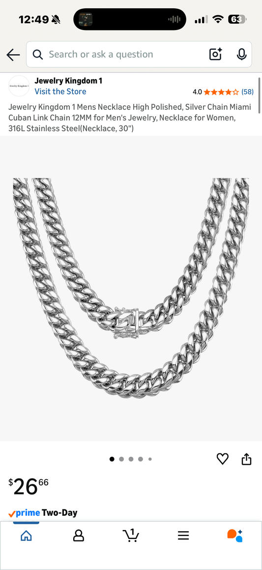 Jewelry Kingdom 1 Mens Necklace High Polished, Silver Chain Miami Cuban Link Chain 12MM for Men's Jewelry, Necklace for Women, 316L Stainless Steel(22”)
