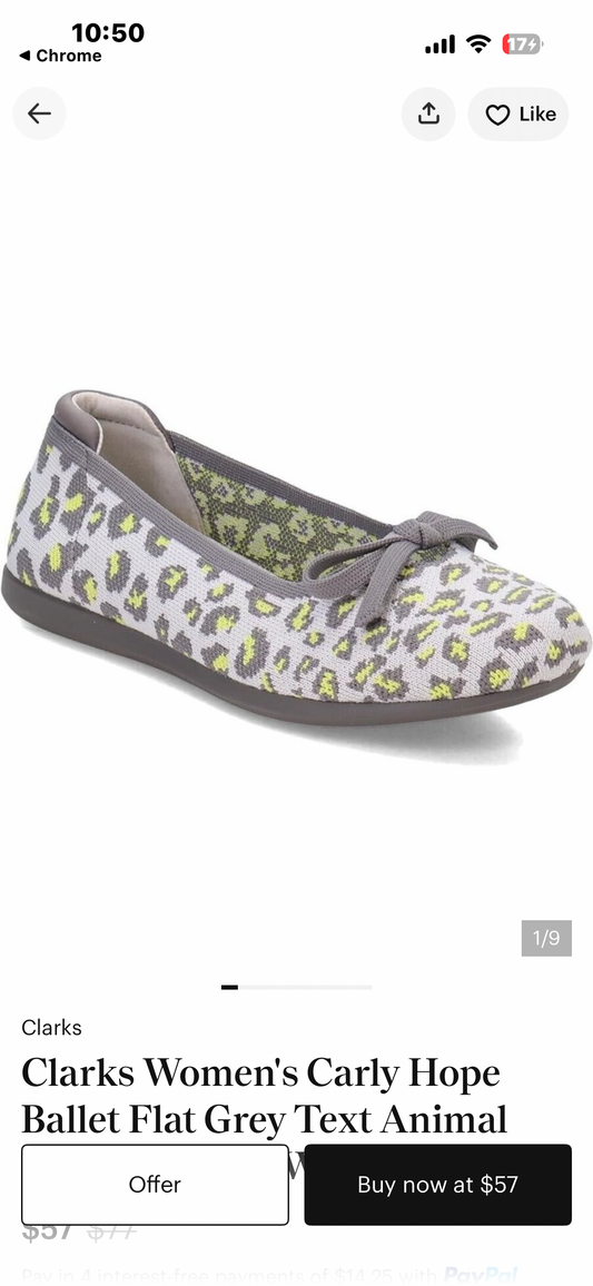 Clarks Women's Carly Hope Ballet Flat Grey Text Animal (Size W(7.5w))