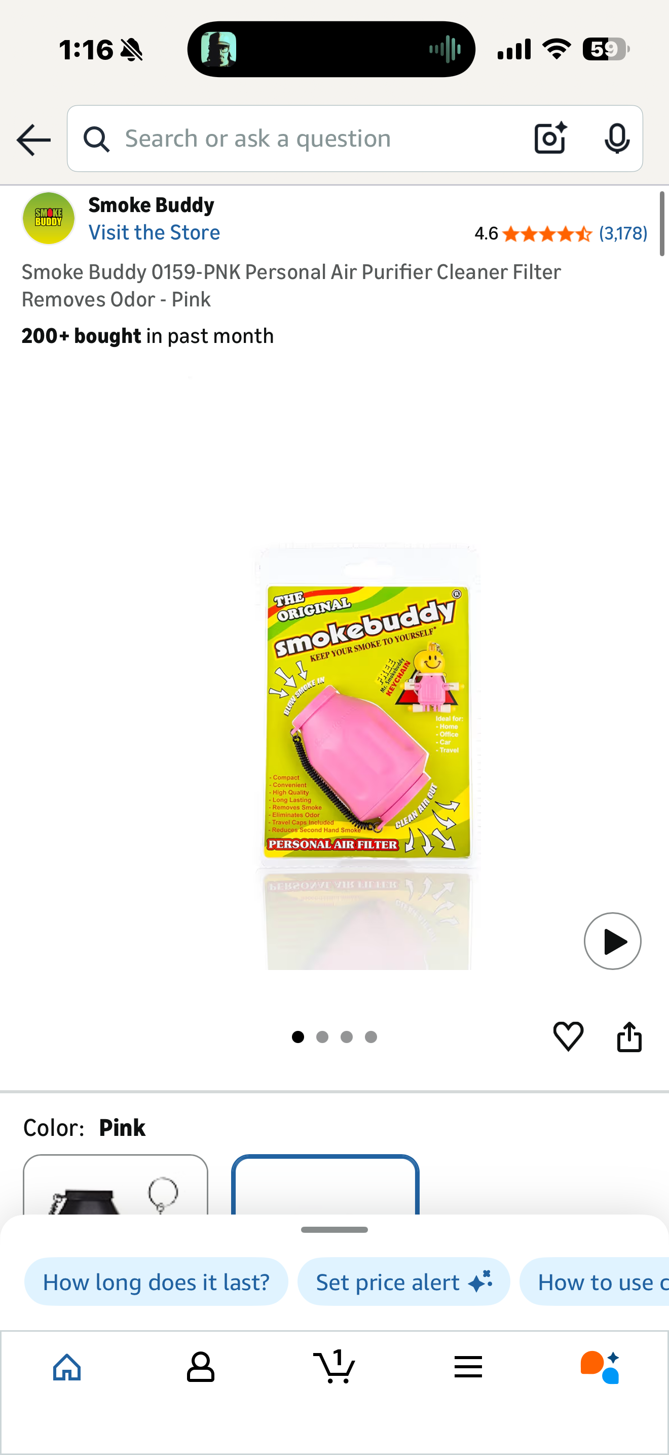 Smoke Buddy 0159-PNK Personal Air Purifier Cleaner Filter Removes Odor - Pink