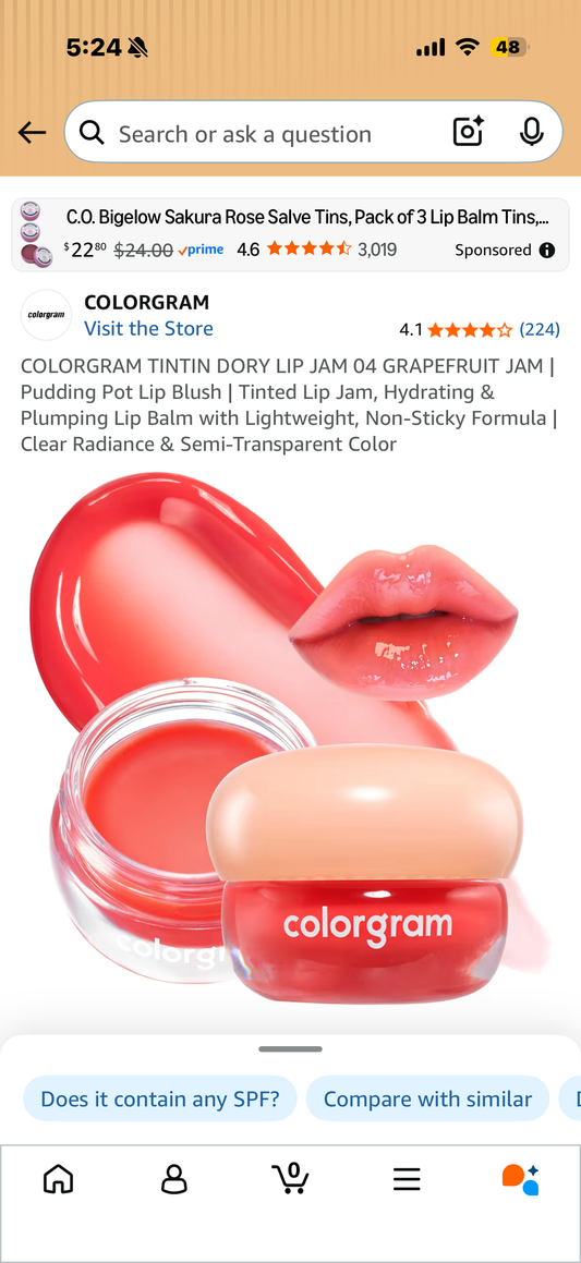 COLORGRAM TINTIN DORY LIP JAM 04 GRAPEFRUIT JAM | Pudding Pot Lip Blush | Tinted Lip Jam, Hydrating & Plumping Lip Balm with Lightweight, Non-Sticky Formula | Clear Radiance & Semi-Transparent Color